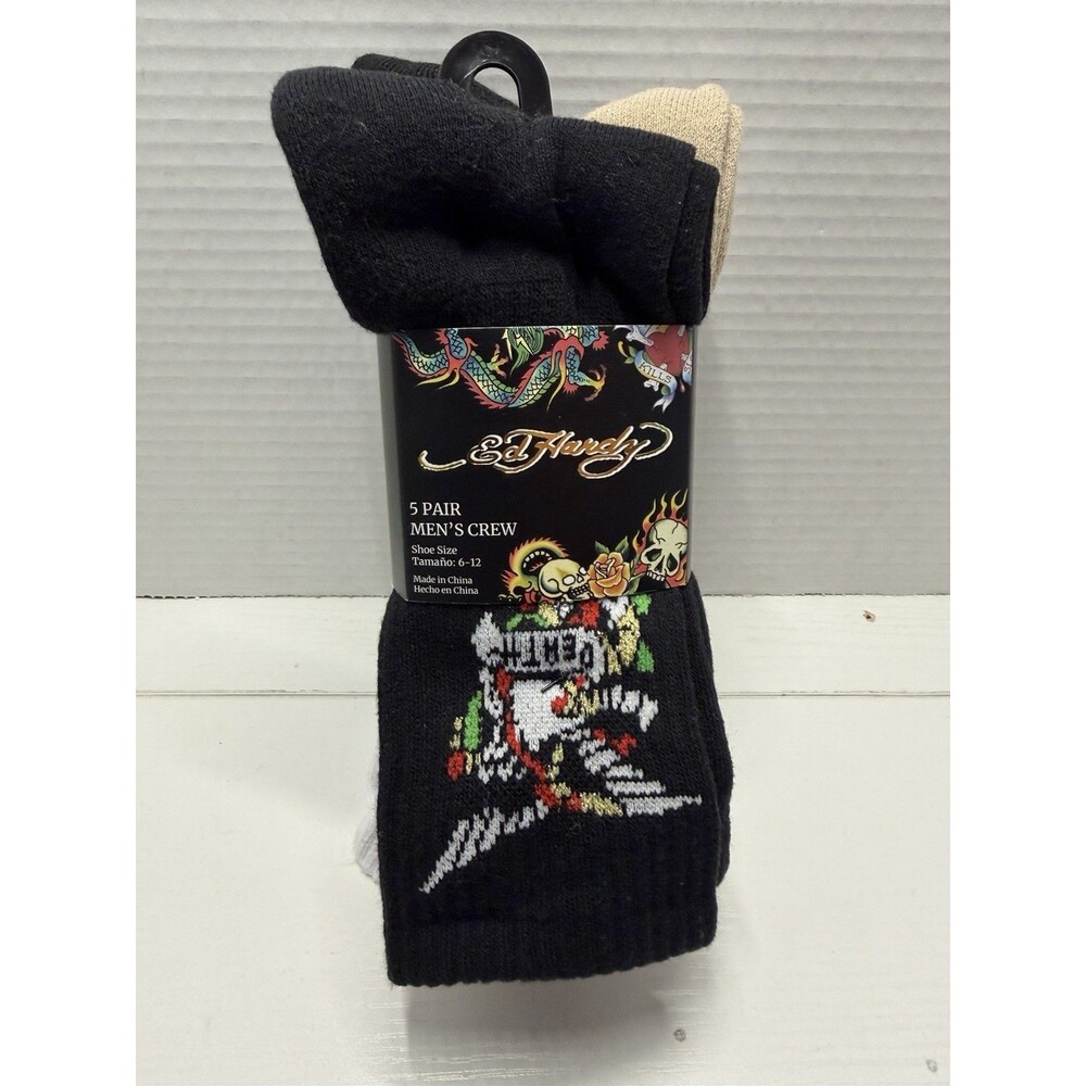 Ed Hardy Men’s 6-12 Black White 5 Pair Pack Eagle Snake Tiger Tattoo Crew Socks